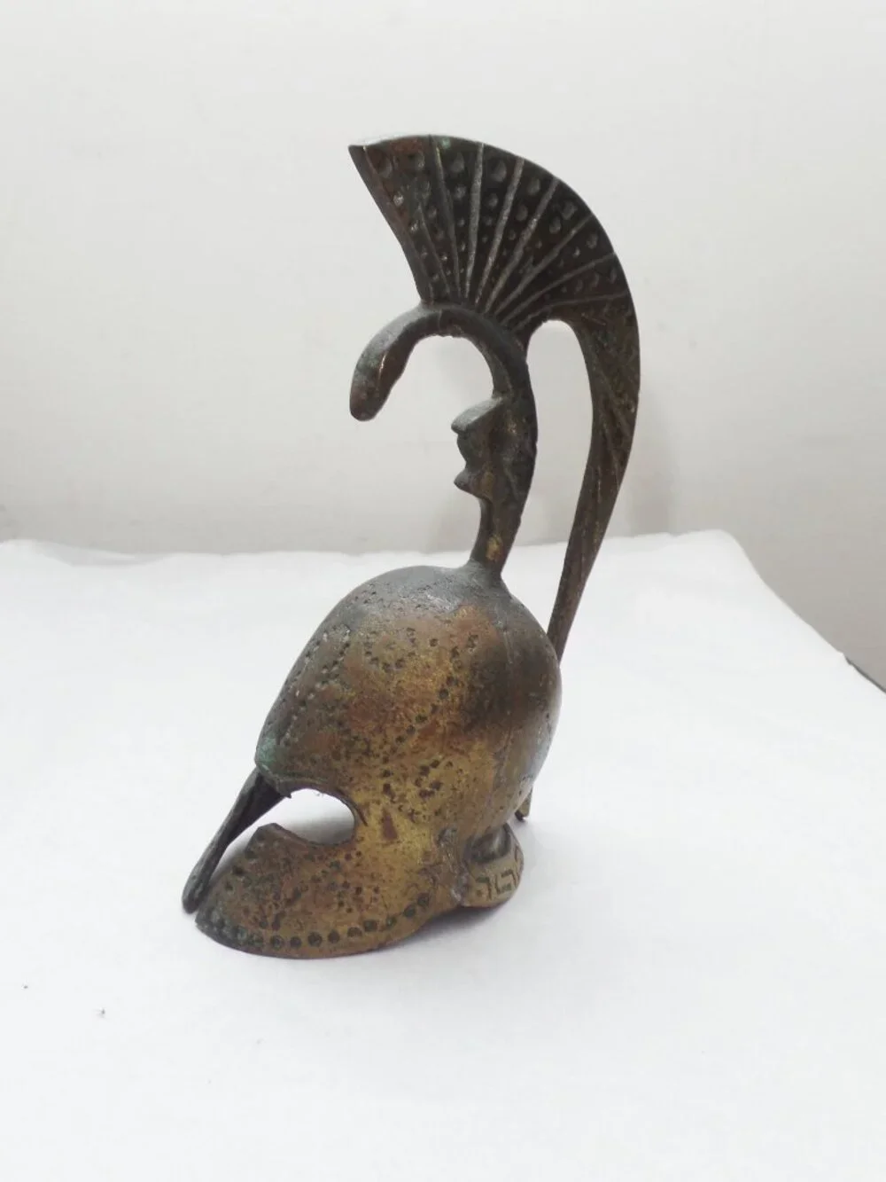 Vintage 5”  Greek Bronze Helmet w/ Patina Spartan Desk Bell